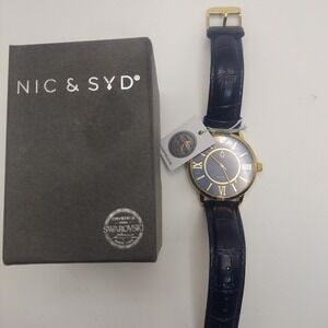 Nic & Syd Watch‎ Gold Tone Swarovski Crystal Blue Dial New in Box